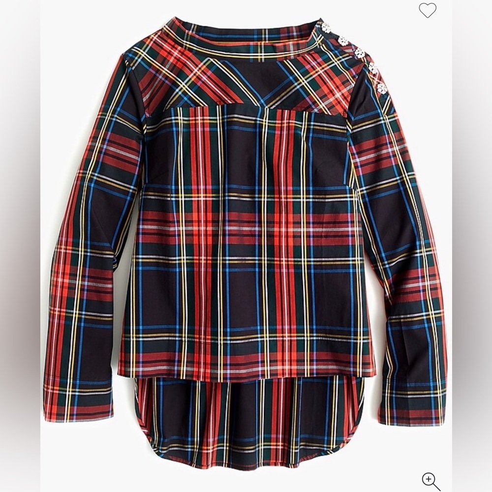 J. Crew Black Stewart Tartan Funnelneck Shirt Jeweled Buttons Hi Low Hem sz 8
